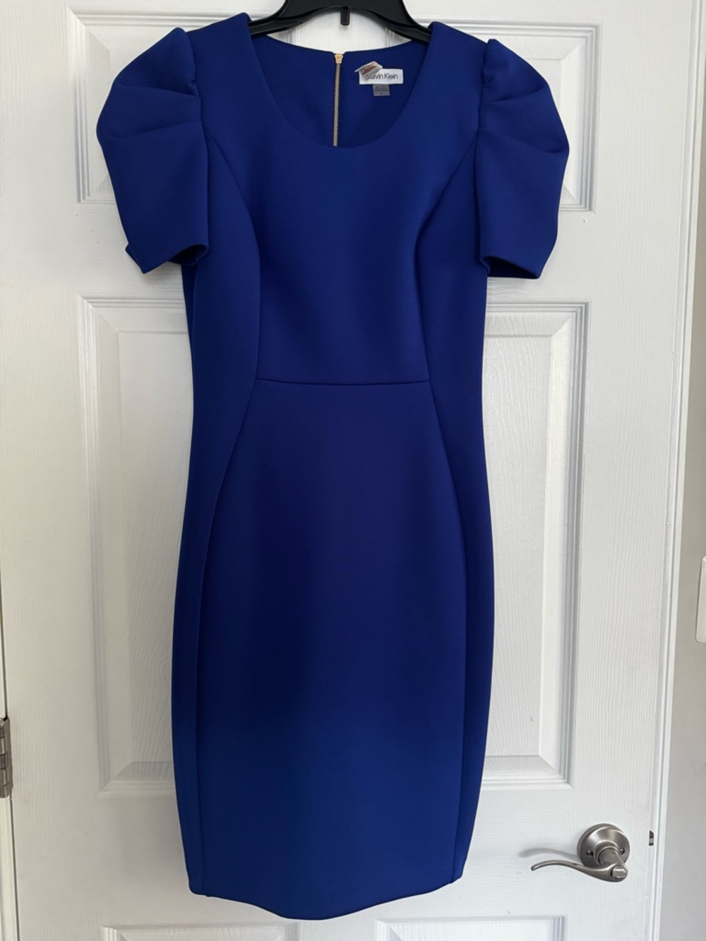 Calvin Klein Cobalt Puff-Sleeve Midi Sheath Dress